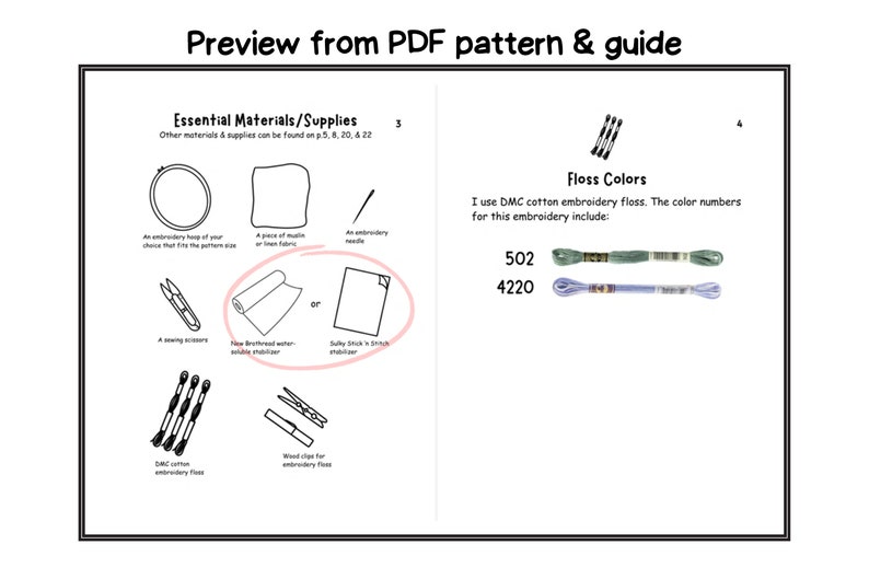 May include: A guide for embroidery projects, listing essential materials and supplies, including an embroidery hoop, fabric, needle, scissors, DMC cotton embroidery floss, and a wood clip. The guide also includes floss colors, DMC 502 and 4220.