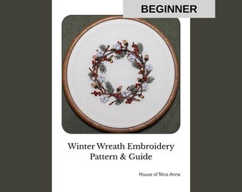 Winter Wreath Embroidery Pattern, Mixed Media DIY Christmas Design (PDF Pattern and Guide)
