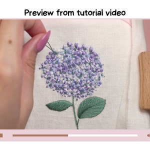 May include: A close-up of a hand embroidering a purple hydrangea flower on white fabric. The flower is surrounded by green leaves and the fabric is stretched over a wooden frame.