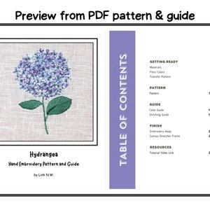 May include: A preview of a PDF pattern and guide for hand embroidery of a hydrangea flower. The image shows a finished embroidery of a purple hydrangea on a linen fabric. The table of contents includes sections for getting ready, pattern, guide, finish, and resources.