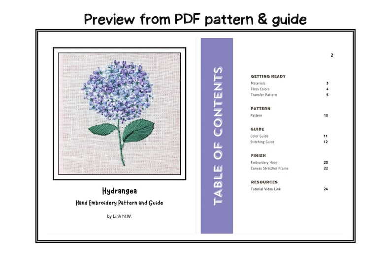 May include: A preview of a PDF pattern and guide for hand embroidery of a hydrangea flower. The image shows a finished embroidery of a purple hydrangea on a linen fabric. The table of contents includes sections for getting ready, pattern, guide, finish, and resources.