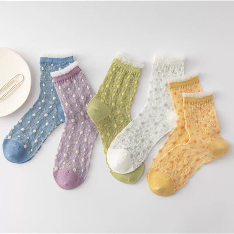 5 Pack Flower Lace Silk Sheet Socks Summer Casual Socks - Etsy
