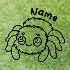 Peut inclure: Une araignée de dessin animé en noir et blanc, avec de grands yeux amicaux et une bouche souriante. Le mot "Name" est écrit au-dessus de l'araignée. L'araignée a huit pattes et un corps poilu, sur fond vert.