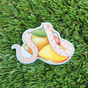 May include: A sticker featuring a cartoon snake wrapped around a mango. The snake is white with orange spots and has a pink tongue. The mango is yellow and orange.