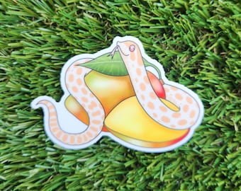 May include: A sticker featuring a cartoon snake wrapped around a mango. The snake is white with orange spots and has a pink tongue. The mango is yellow and orange.