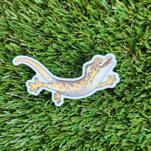 May include: A sticker of a cartoon bearded dragon with yellow, orange, and black markings. The dragon is jumping with its mouth open and its arms outstretched.