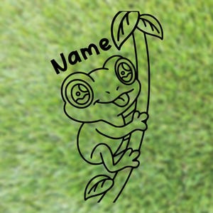 May include: A black line drawing of a frog clinging to a branch with leaves. The frog has large eyes and its tongue is sticking out. The word "Name" is written above the frog in a playful font.