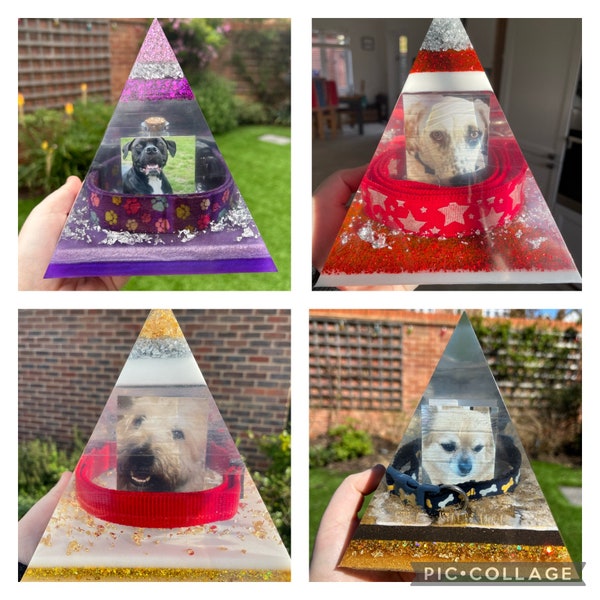 Custom Designs Resin Pet Human Loved Ones Memorial Keepsake Pyramid Ashes Toy Collar Tag Fur Flowers Stones Pebbles Glitter