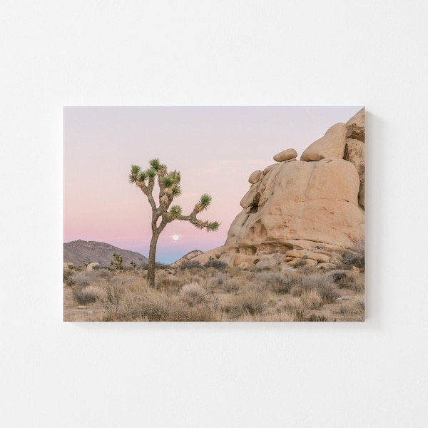 Art mural du parc national de Joshua Tree, Californie, paysage désertique, photographie au pastel, coucher de soleil lunaire, intérieur bohème, formation rocheuse