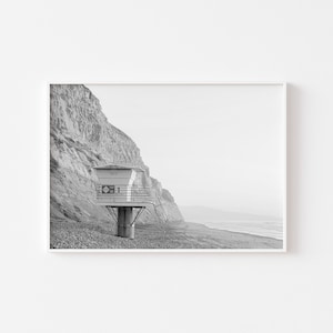 Torrey Pines Beach Black and White Print, Lifeguard Tower, San Diego Wall Art, Pastel Photography, Coastal Beach House Decor, Boho Interior