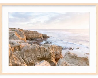 Sunset Cliffs Framed Print, San Diego Wall Art, Pastel Photography, Ocean Cliffs Waves Beach, Southern California, Coastal Decor