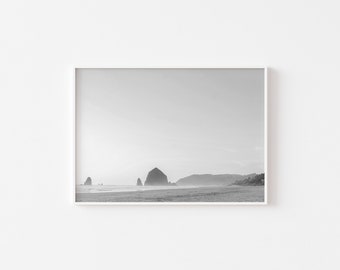 May include: A black and white photograph of a rocky coastline with a large rock formation in the distance. The sky is cloudy and the water is calm.