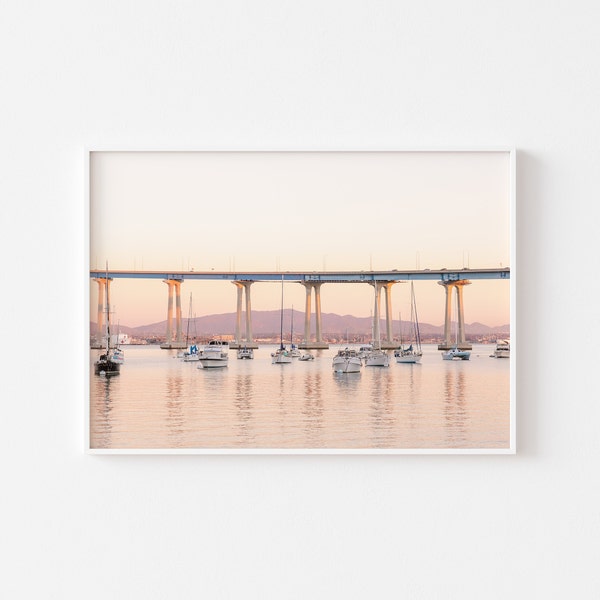 San Diego Boat Print, Coronado Bridge, California Wall Art, Pastel Beach Photography, Nautical, Beach House Interior, Collage Kit