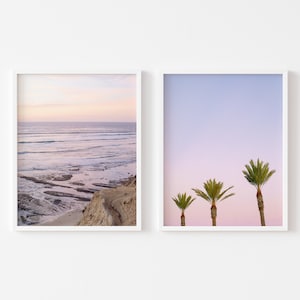Impresión de palmeras en acantilados al atardecer, arte costero de San Diego (descarga digital)