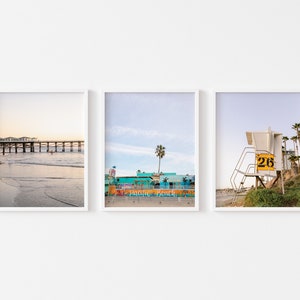 San Diego Set of Three Photos, Pacific Beach Lifeguard Tower Wall Art, California Ocean Pier, Beach House Interior, Pastel Photography image 1