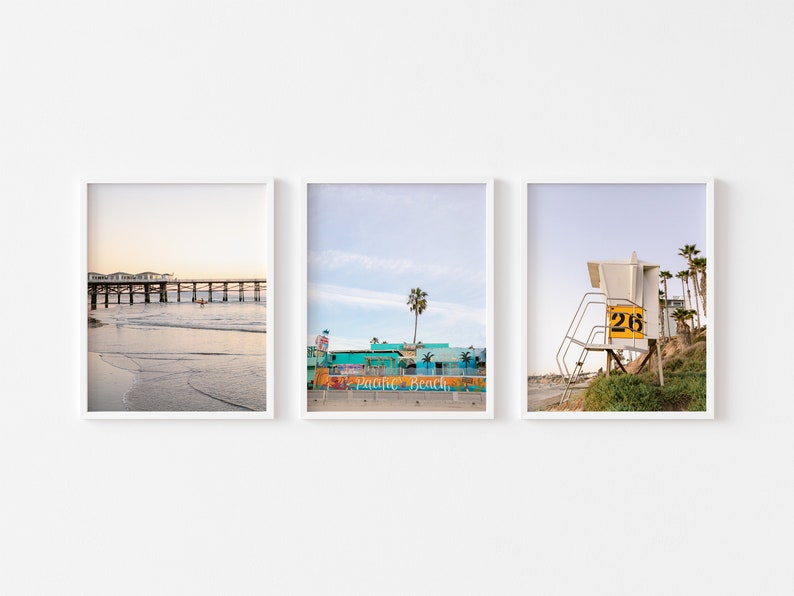 San Diego Set of Three Photos, Pacific Beach Lifeguard Tower Wall Art, California Ocean Pier, Beach House Interior, Pastel Photography image 1