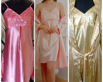 Ladies Sexy Women Satin Silk Nightdress Embroidery Lingerie Sleepwear Wrap Dress Robe - 2 Piece
