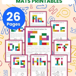 Puede incluir: Un recurso educativo en PDF imprimible con tapetes de cubos de letras. La imagen muestra 26 páginas con arreglos de bloques de colores que forman letras, con el texto "I Can Build Letter" y "Printable PDF | Instant Download".