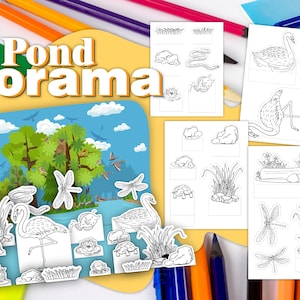 Puede incluir: Un colorido kit de manualidades Pond Diorama con un fondo de escena de estanque y varias figuras recortadas de la vida del estanque. Incluye páginas para colorear con animales y plantas. Se ven lápices de colores y rotuladores.