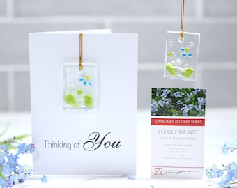 Cadeau souvenir et carte de vœux en verre : "Je pense à toi" - Forget-Me-Not