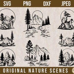 Landschap bundel SVG, bos SVG, avontuur SVG, buiten SVG, natuur scène SVG, bos scène SVG, berg scène SVG, berg SVG, DXF, PNG