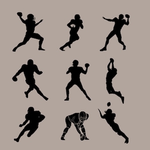 May include: Silhouettes of nine American football players in various poses, including throwing, catching, running, and jumping. The players are all wearing helmets and uniforms.