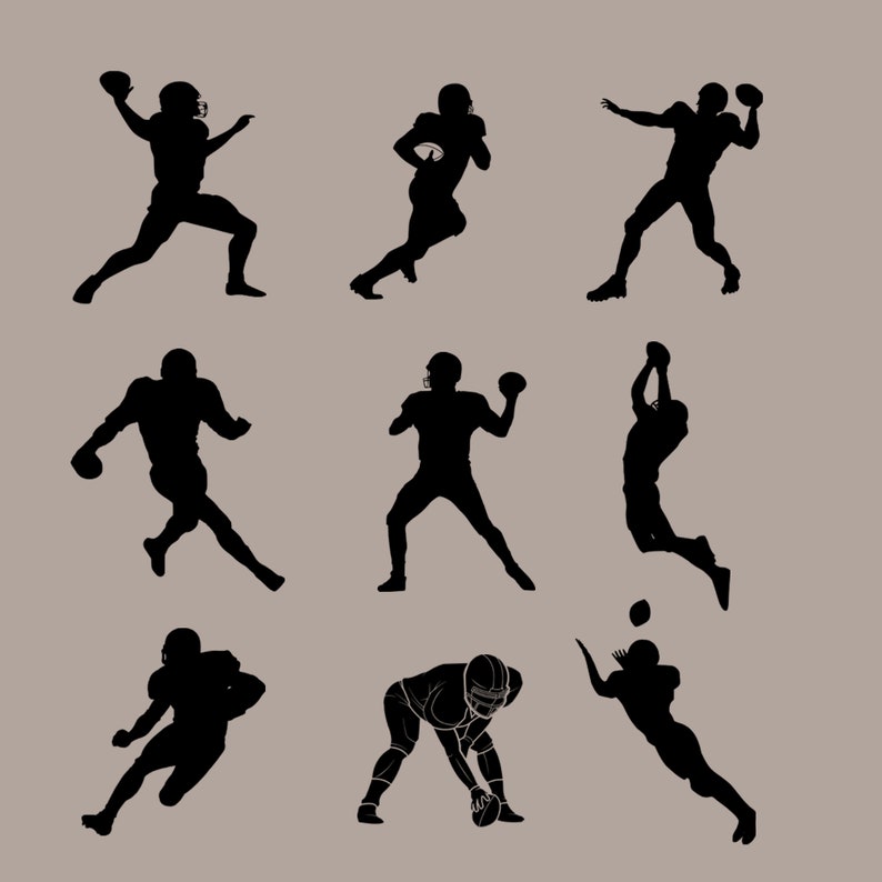 May include: Silhouettes of nine American football players in various poses, including throwing, catching, running, and jumping. The players are all wearing helmets and uniforms.