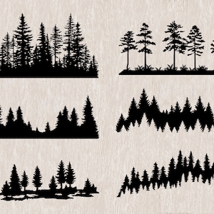 May include: Six black silhouette images of different forest scenes. The images show various arrangements of pine trees, some with a ground line and some without.