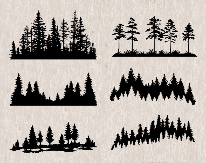 May include: Six black silhouette images of different forest scenes. The images show various arrangements of pine trees, some with a ground line and some without.