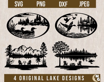 Lake Scene silhouetten SVG-bundel, Lake Scene silhouet, Lake Life svg, Lake House svg, duiker SVG, eendenjacht svg, lasergesneden bestanden, cabine SVG