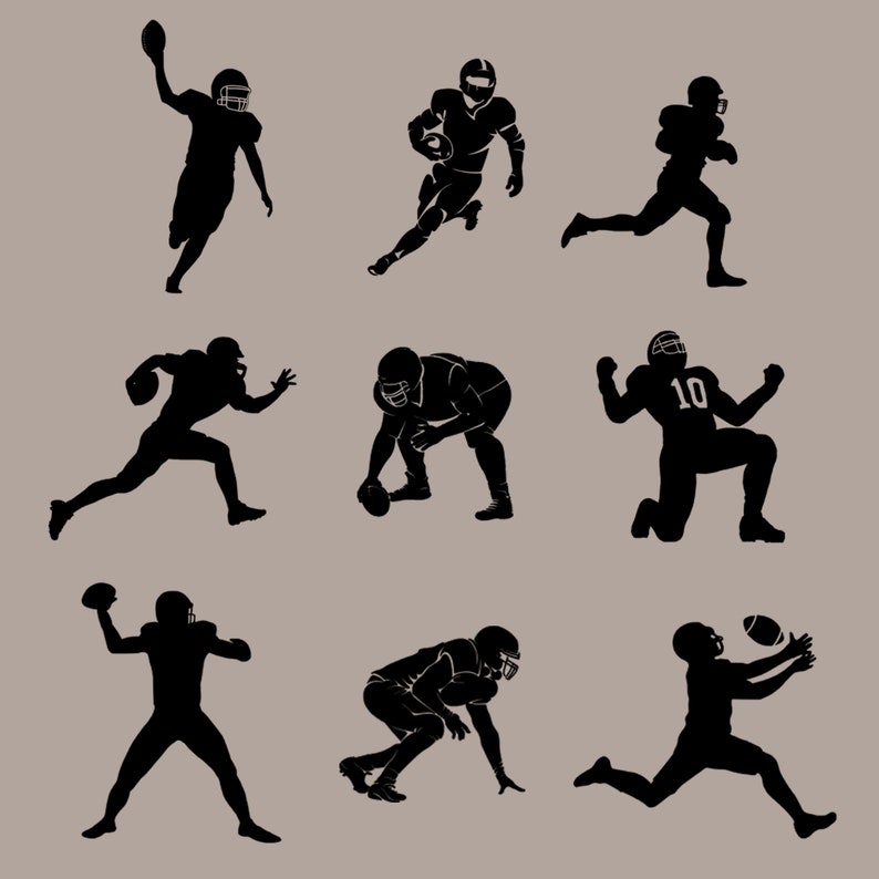 May include: Silhouettes of nine American football players in various poses, including running, catching, and blocking. The players are all wearing helmets and uniforms.