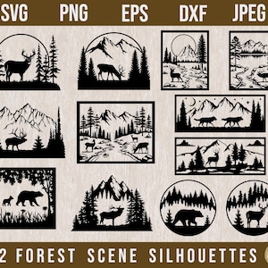 Paysage forestier SVG, SVG de scène de forêt, forêt Silhouette svg, svg de nature sauvage, svg animaux de la forêt, svg de montagne, fichiers découpés au laser, svg Cricut