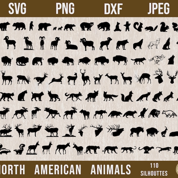 Paquete SVG de animales de América del Norte, SVG de vida silvestre de América del Norte, animales del bosque svg, animales salvajes svg, oso svg, ciervo svg, zorro svg, alce svg,