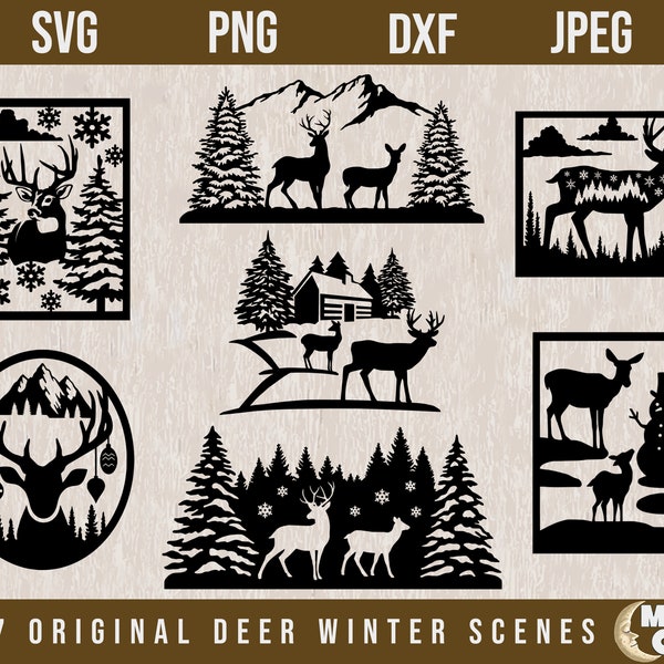 Deer Winter Scene Bundle,Christmas Deer SVG,Deer Trees svg,Deer svg,Deer Scene svg,Deer Silhouette svg,Christmas Deer Decor,Winter Scene svg