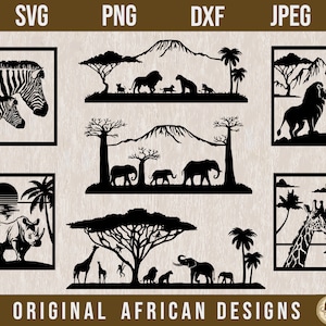 Afrikaanse dieren SVG-bundel, Afrikaanse scène clipart, olifant SVG, giraffe SVG, safari SVG, Afrikaanse afdrukbare muur kunst, Afrikaanse dieren SVG, DXF