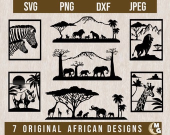 African Animal SVG Bundle, African Scene Clipart,Elephant Svg, Giraffe Svg, Safari svg, African Printable Wall Art, African Animal svg, DXF