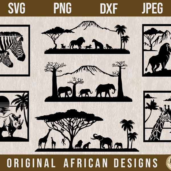 Afrikanisches Tier SVG-Bundle, Afrikanische Szene Clipart, Elefant-Svg, Giraffen-Svg, Safari-Svg, Afrikanische druckbare Wandkunst, Afrikanisches Tier-Svg, DXF