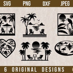 Tropischer Strand SVG Bundle, Palme SVG, Flamingo png, Sonnenuntergang Strand svg, Papagei svg, Delfin svg, Strand Leben SVG, Lasercut Dateien,