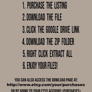May include: Download instructions for a digital product. The instructions include purchasing the listing, downloading the file, clicking the Google Drive link, downloading the zip folder, right-clicking to extract all, and enjoying the files. You can also access the download page at http://www.etsy.com/your/purchases or by going to your Etsy account, clicking on purchases, viewing the receipt, and clicking the download button.