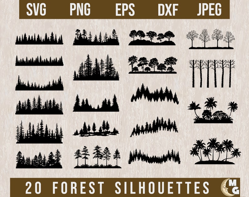 May include: A set of 20 black and white forest silhouette illustrations. The silhouettes include various types of trees, including palm trees, pine trees, and deciduous trees. The silhouettes are perfect for use in design projects, such as creating backgrounds, patterns, or logos.