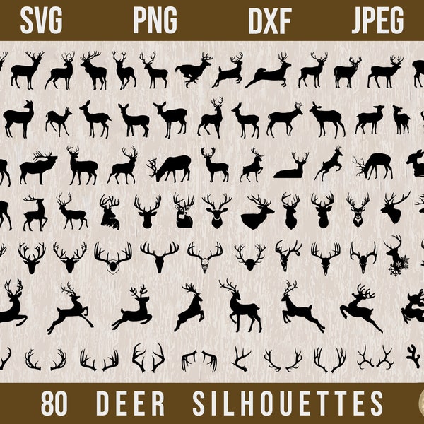 Lot de 80 cerfs SVG, SVG de chasse au cerf, png de cerf, vecteur de cerf, fichiers coupés cerf, tête de cerf svg, svg bois de cerf, fichiers découpés au laser, clipart cerf