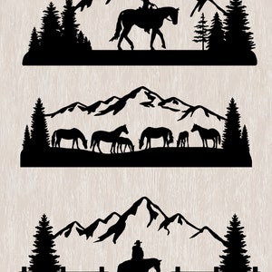 May include: Three black silhouette images of a cowboy riding a horse in front of a mountain range. The first image shows a single cowboy riding a horse. The second image shows a group of horses and a foal. The third image shows a cowboy riding a horse in front of a fence.