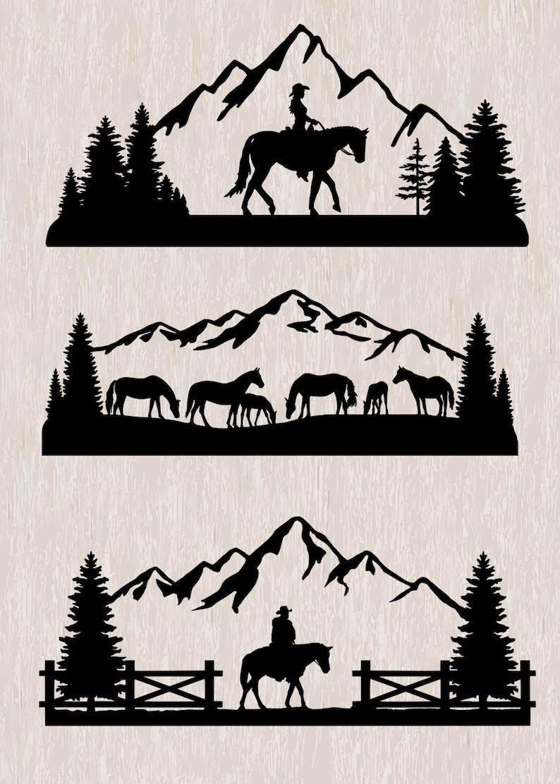 May include: Three black silhouette images of a cowboy riding a horse in front of a mountain range. The first image shows a single cowboy riding a horse. The second image shows a group of horses and a foal. The third image shows a cowboy riding a horse in front of a fence.