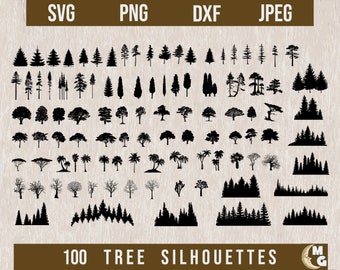 May include: A set of 100 black and white tree silhouettes, including various types of trees, such as palm trees, pine trees, and deciduous trees. The silhouettes are arranged in rows on a light brown background.