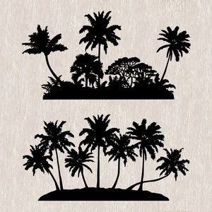 May include: Two black silhouette images of palm trees on a white background. The top image shows a group of palm trees with a few other trees in the background. The bottom image shows a group of palm trees on a small island.