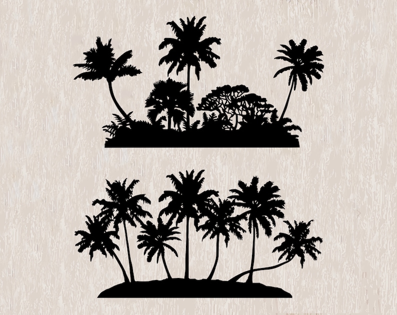 May include: Two black silhouette images of palm trees on a white background. The top image shows a group of palm trees with a few other trees in the background. The bottom image shows a group of palm trees on a small island.