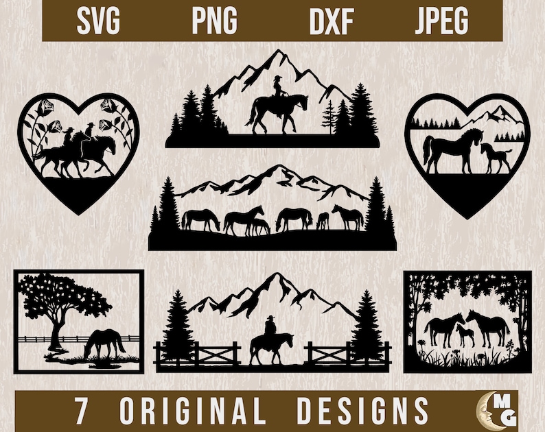 May include: Seven original designs featuring black silhouettes of horses and riders in various settings, including a heart-shaped frame, a mountain range, and a forest scene. The designs are perfect for crafting projects, home decor, and more.