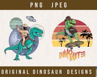 2 ORIGINAL DINOSAUR Designs, Funny Dinosaur PNG, T-Rex T-shirt Design, Tyrannosaurus Rex Art, Astronaut png, Astronaut digital file, png