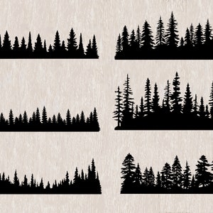 May include: Six black silhouette images of pine tree forests. Each image shows a different arrangement of trees, with some taller than others. The trees are all black against a white background.