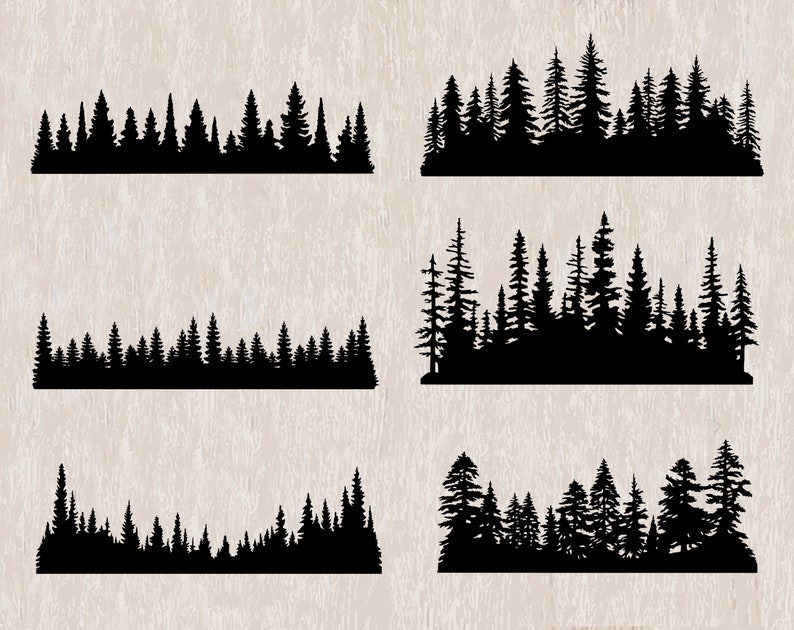 May include: Six black silhouette images of pine tree forests. Each image shows a different arrangement of trees, with some taller than others. The trees are all black against a white background.